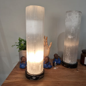 Selenite Lamp with Ancient Fossil Orthoceras Base 40cm