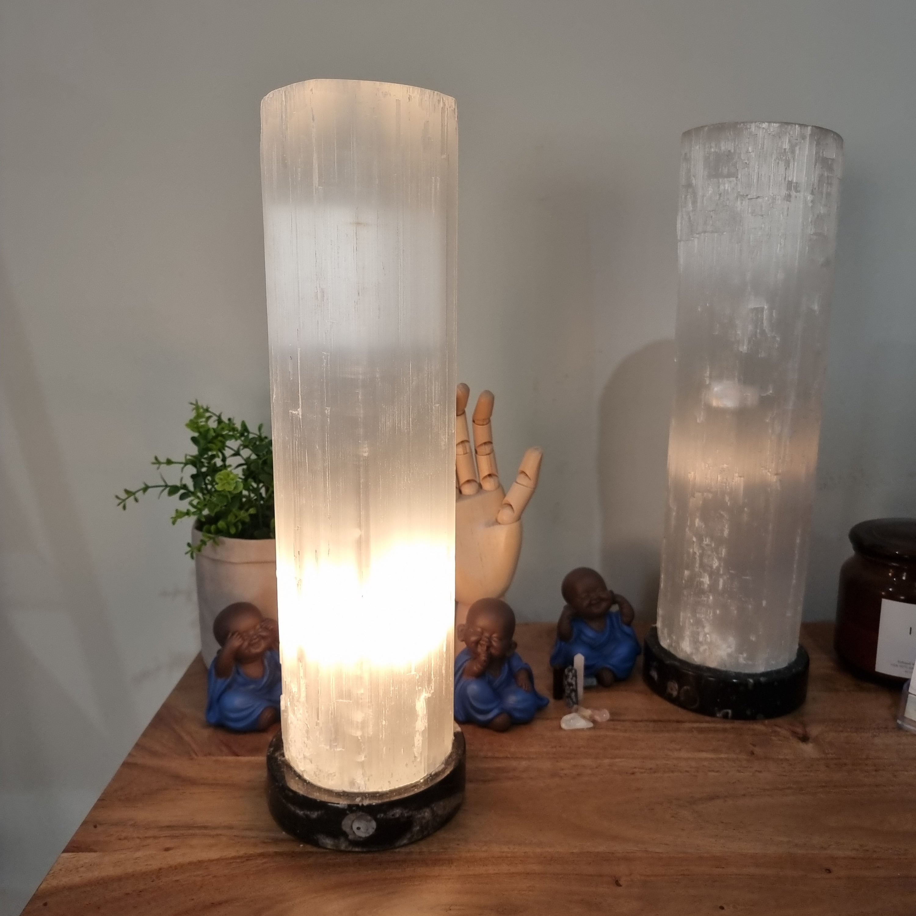 Selenite Lamp with Ancient Fossil Orthoceras Base 40cm